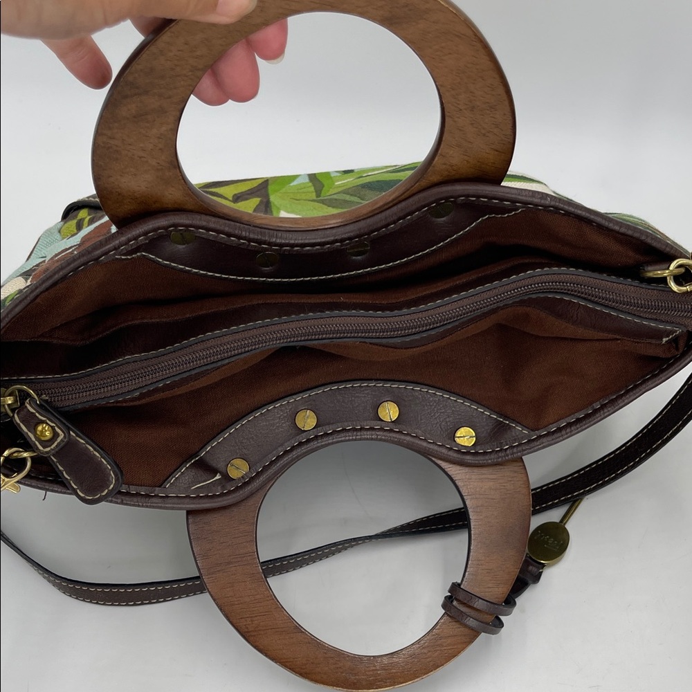Fossil Flower Canvas, Leather & Wood Top Handle Or Detachable Shoulder Strap - Picture 8 of 9
